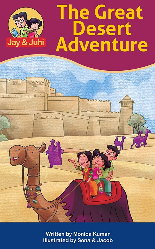 Children riding camel in desert adventure.