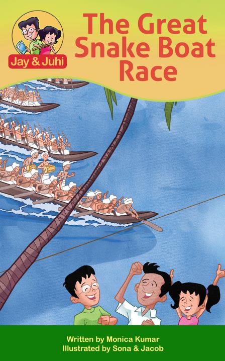 Two animated characters watch a dragon boat race on water.