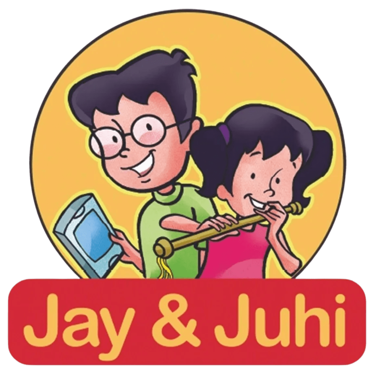 Cartoon logo of Jay and Juhi with a book and pen.