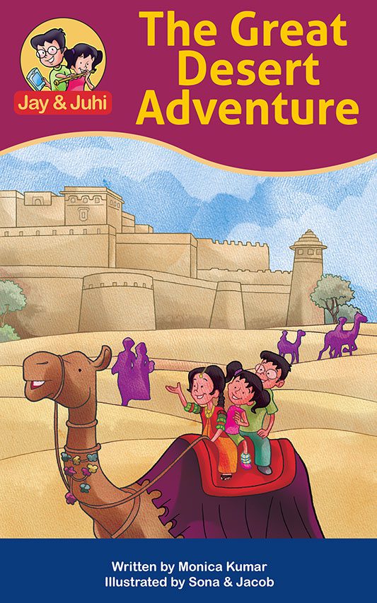 Two children riding a camel in front of a desert fort.