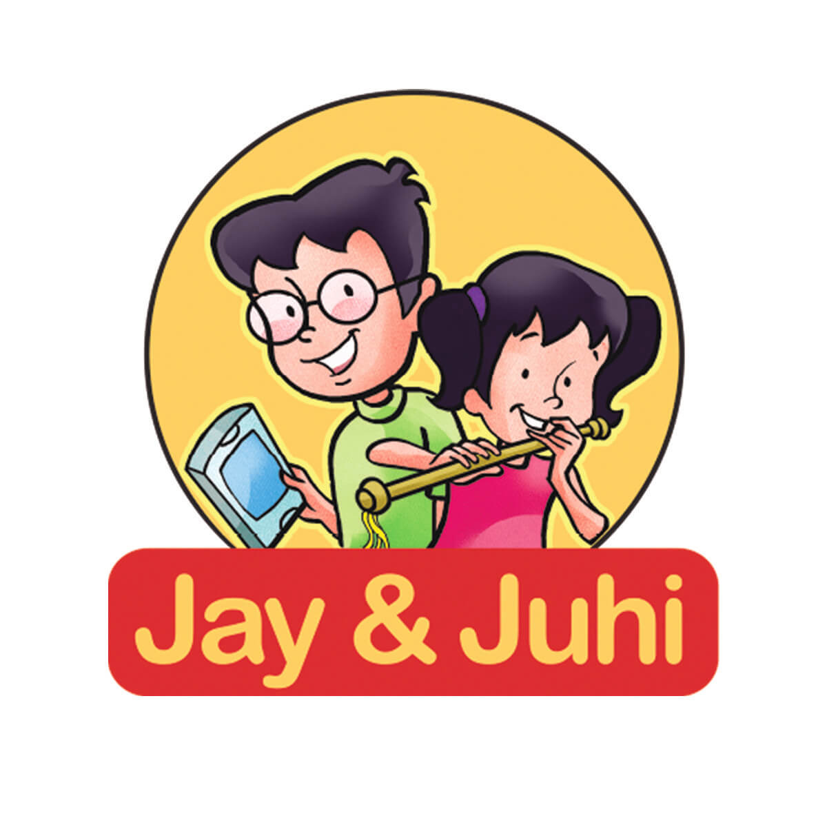 Cartoon logo of Jay & Juhi with bright colors and playful design.