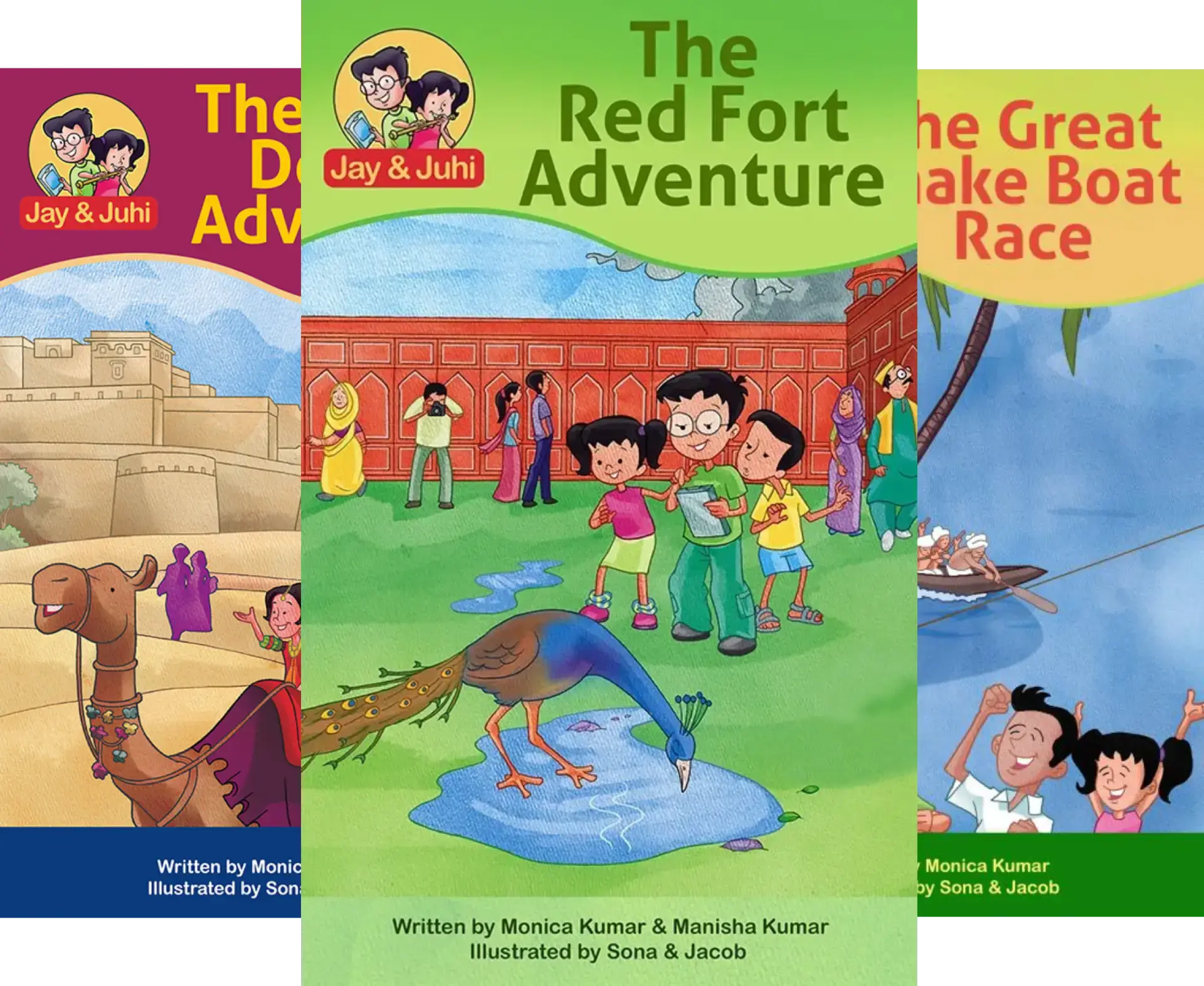 Children's book covers featuring Jay and Juhi.