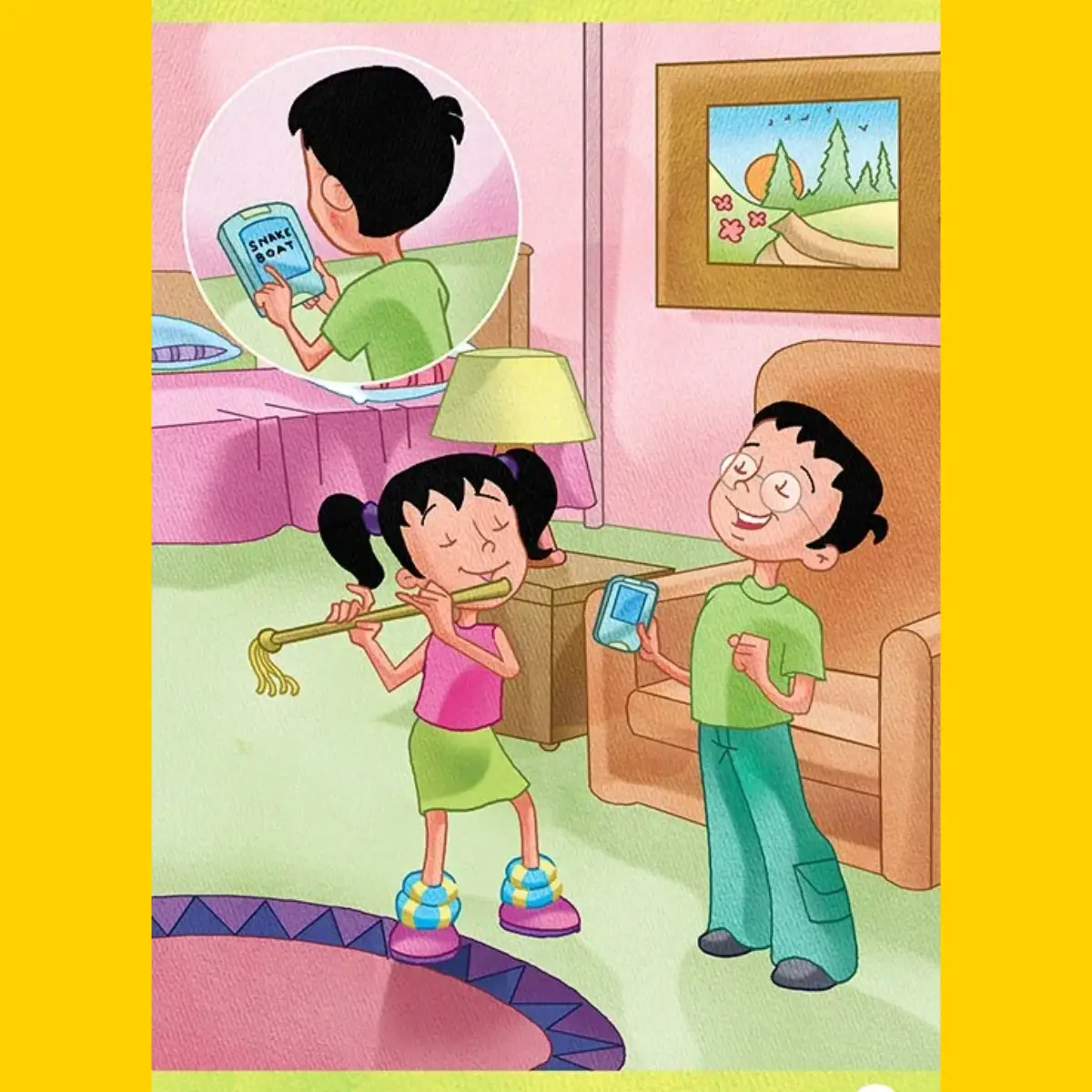 Kids playing with a snake flute toy.